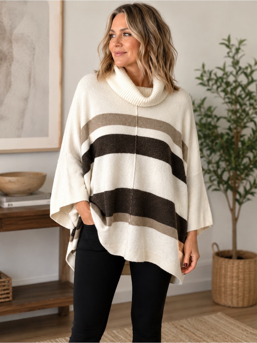 LOFT XL Oversized Cowl Neck Striped Poncho Sweater Cream Brown Taupe